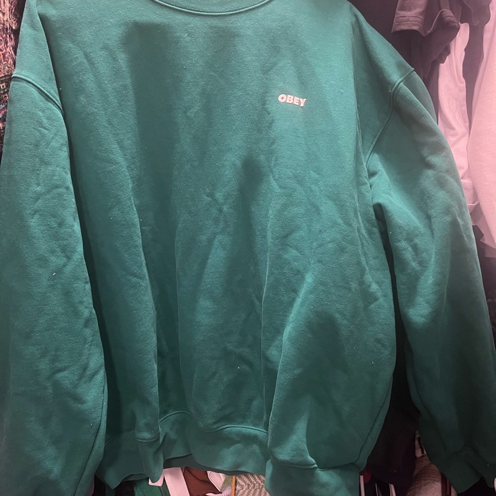 Obey Green Crewneck Sweater with Ribbed Collar